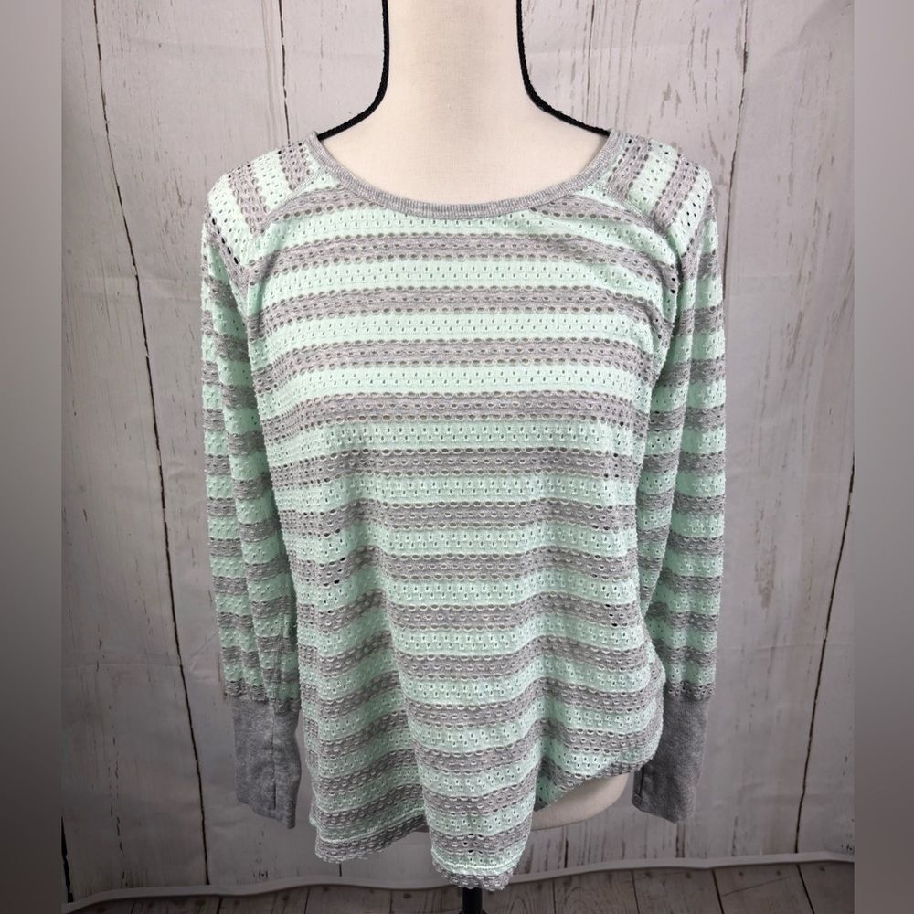 Calvin Klein Performance Quick Dry Green Grey Stripes Mesh Pullover Thumb Holes